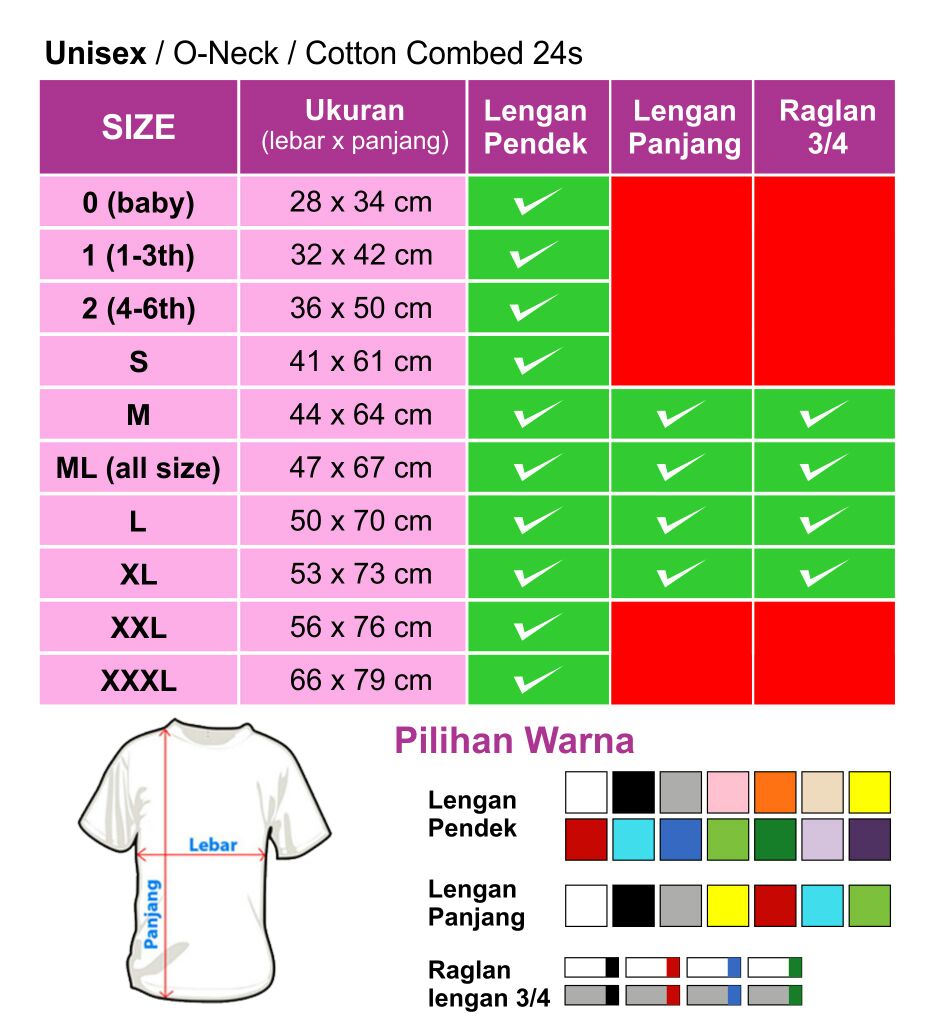 Ukuran dan Warna Kaos